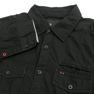 Holton Mfg Button Down Shirt Mens Medium Black Utility Military Epaulets Cotton